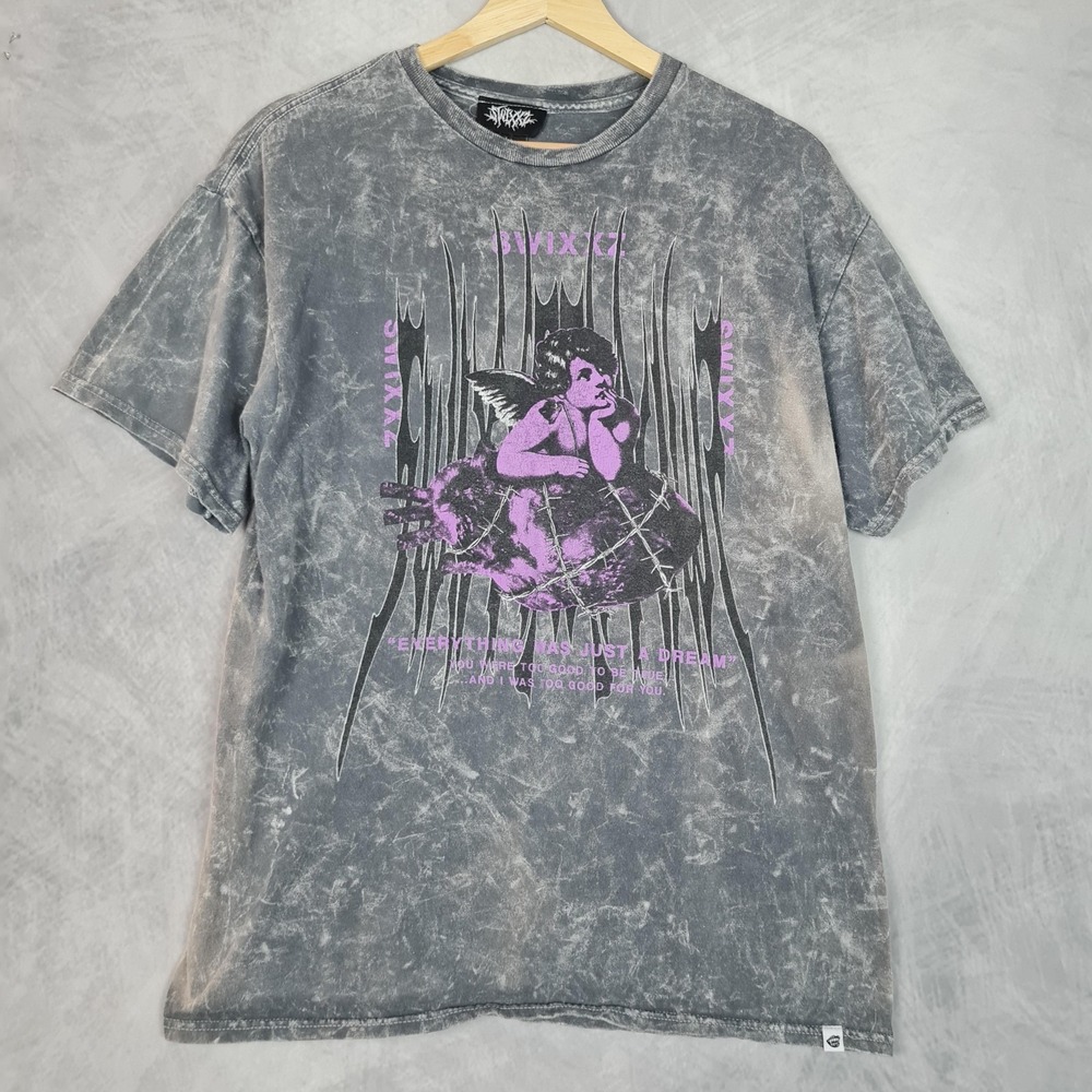 SWIXXZ Shirt Mens Large Gray Angel Heart Graphic Tee Gothic Streetwear Acid Wash